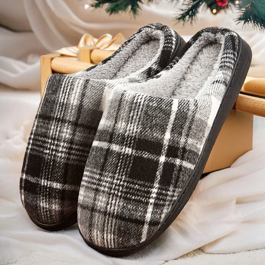 men\'s house slippers plaid furry comfy memory foam casual family shoes winter warm soft bedroom slippers