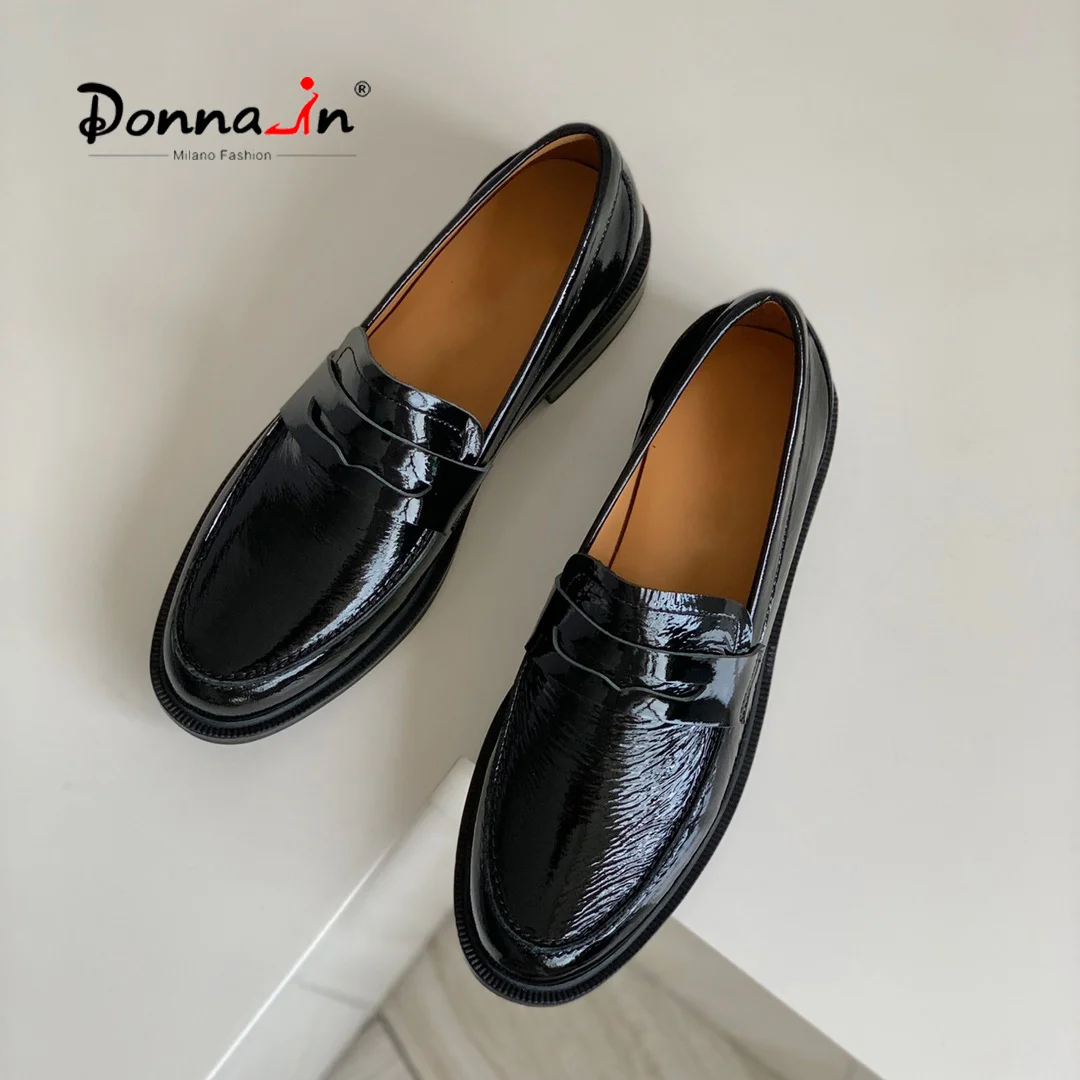 Donna-in Women Loafer Shoes Luxury Genuine Patent Cowhide Leather Soft Slip-on Office Daily Elegant Female Shoes Solid Color