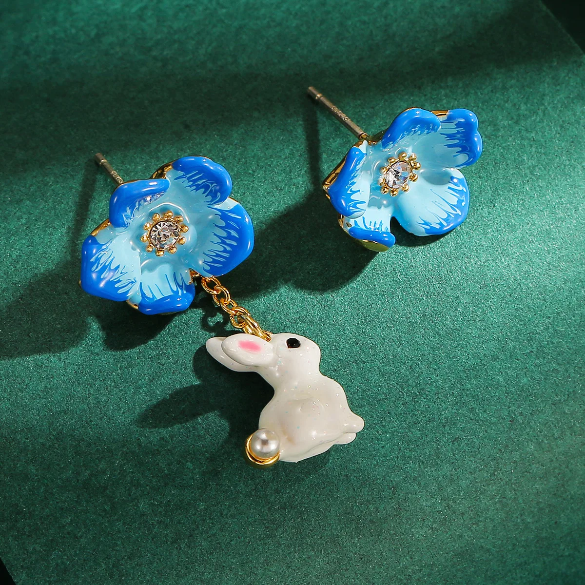 ArLea New Temperament Handmade Enamel Earrings Blue Flower Rabbit Symmetrical Earrings 925 silver Needle Earrings Birthday Gifts