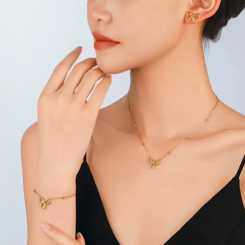 4-piece luxury, lightweight, and fresh bow necklace, bracelet, and earring set, women's high-end banquet jewelry set