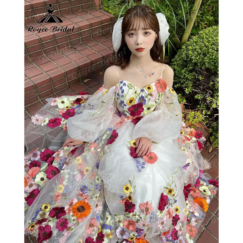 Charming Embroidered Bloom Wildflower Colorful Wedding Dress with Puffy Sleeve 2025 Princess  Bridal Gown Custom Made Garden