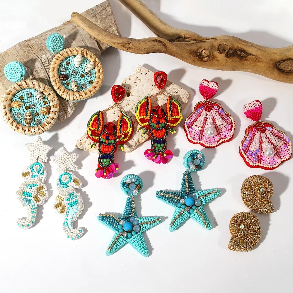 AENSOA Bohemian Starfish Lobster Conch Seed Bead Drop Earrings dla kobiet Ręcznie robione kolczyki z zwierzętami oceanicznymi Biżuteria letnia plaża — zdjęcie 2