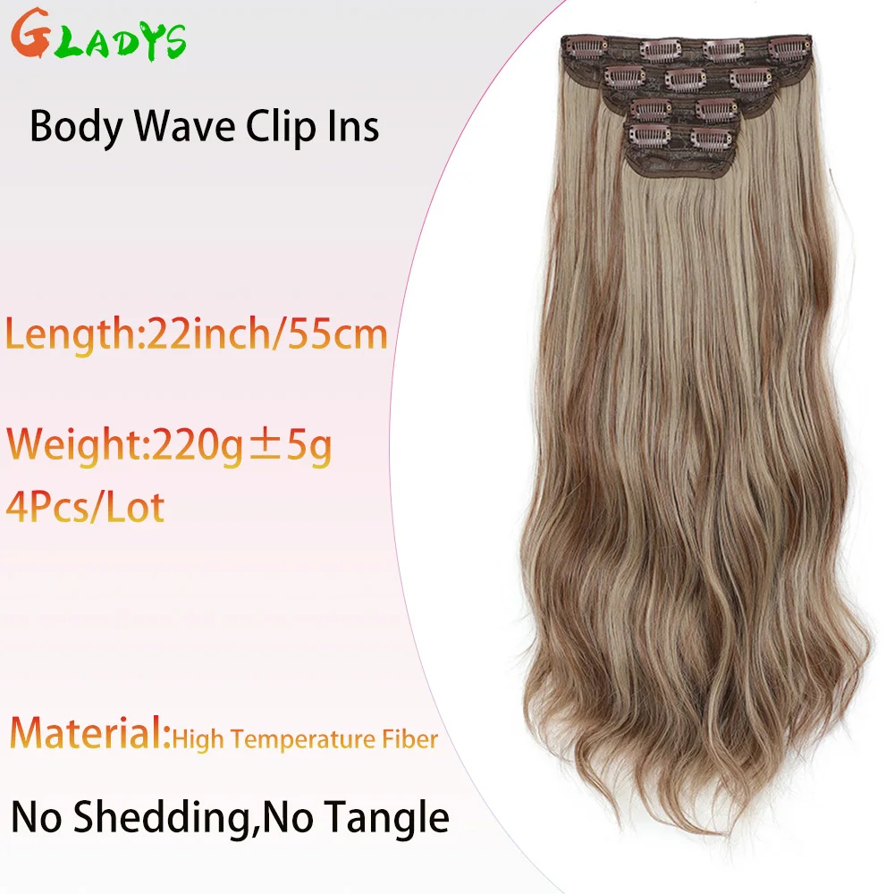 Ombre Color Clips Hair Extension 22 Inch Synthetic Clips Hair Extensions 4 Pcs/lot Body Wave Clip Ins Hair Piece Extension