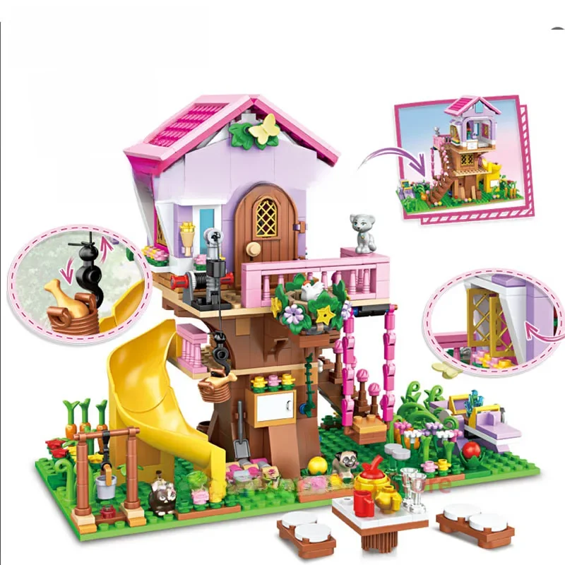 Maison d'arbre d'amitié de ville de rêve, château de princesse, blocs de construction, vue sur la rue, série cadeaux pour filles, briques de maison, jouets assemblés pour enfants