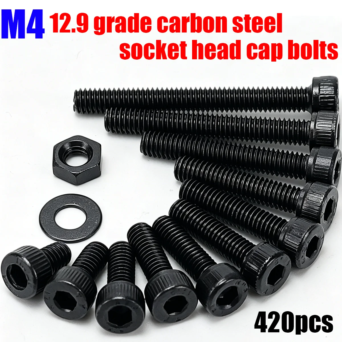 420pcs/M4 12.9 Grade Carbon Steel Internal Hex Socket Head Cap Screw, Nut, and Washer Set, DIN912 Metric Black Bolt Fasteners.