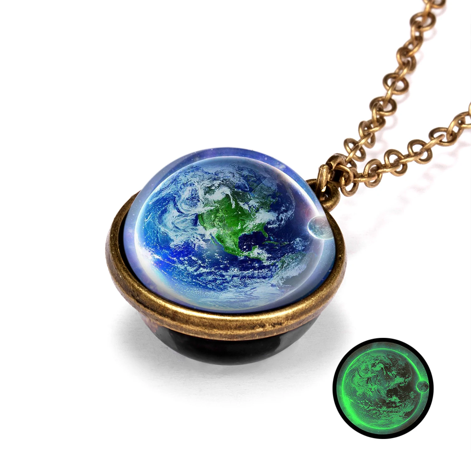 1PC Vintage Colorful Galaxy Universe Round Pendant Necklace Glow in the Dark Glass Ball Metal Chain Choker Fashion Jewelry Gift