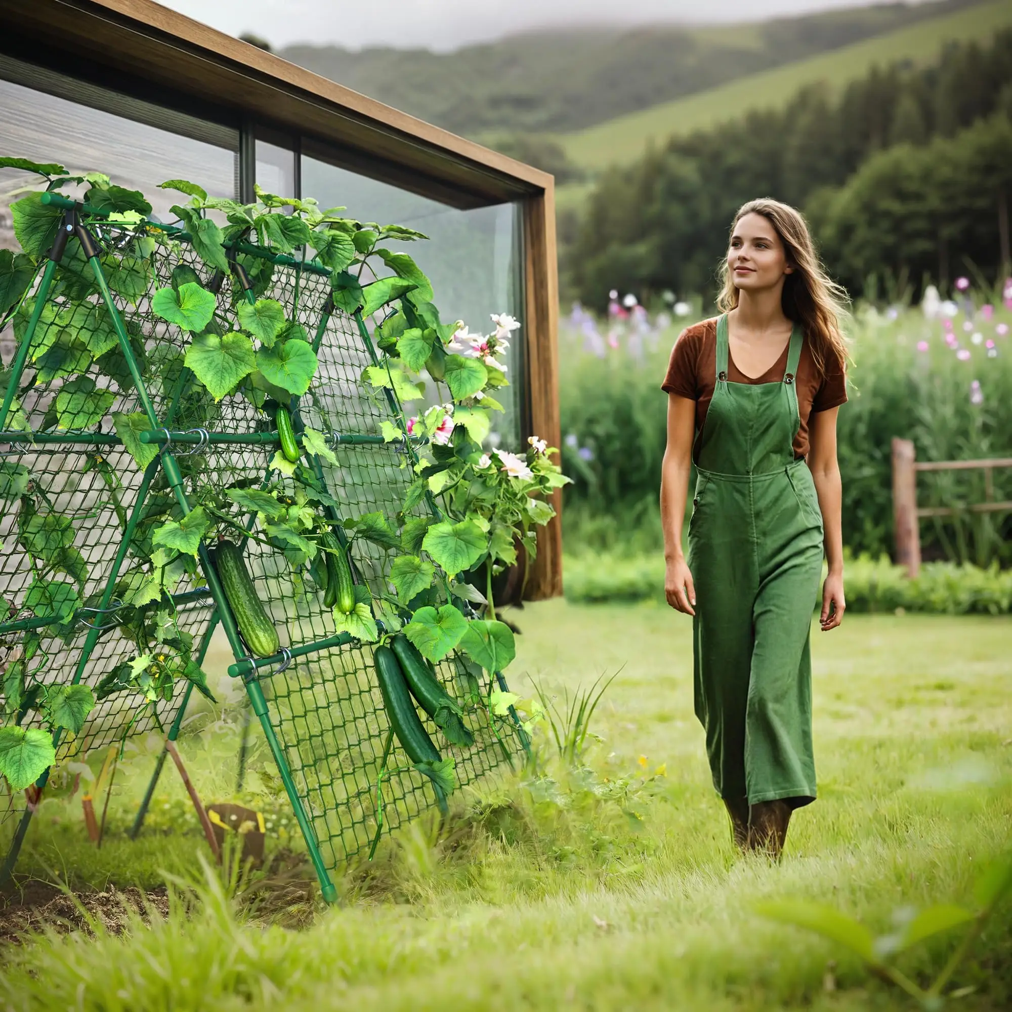 4ft x 4ft Green Metal A-Frame Garden Trellis for Climbing Plants – Support for Cucumbers, Tomatoes, Peas, Beans, and Vines, Includes Netting, Fits Raised Beds