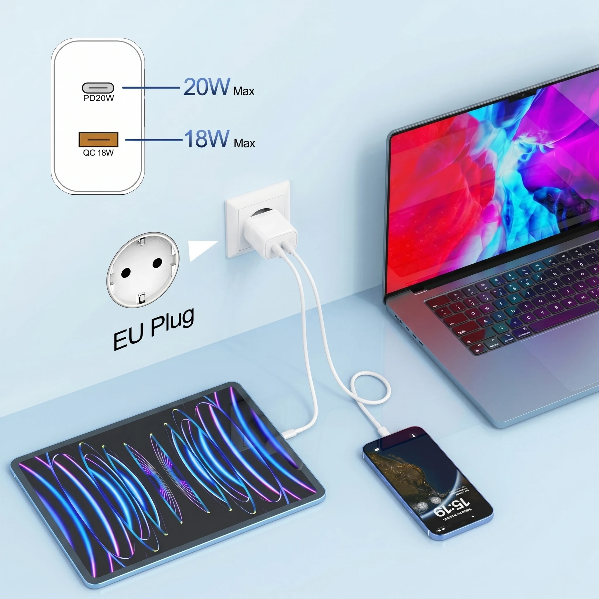 For iPhone Charging Kit 20W Dual Port Charger USB A Type C PD QC EU Charger Block with Cable For iPhone 17 16 15 14 13 12 11 Pro - view 2