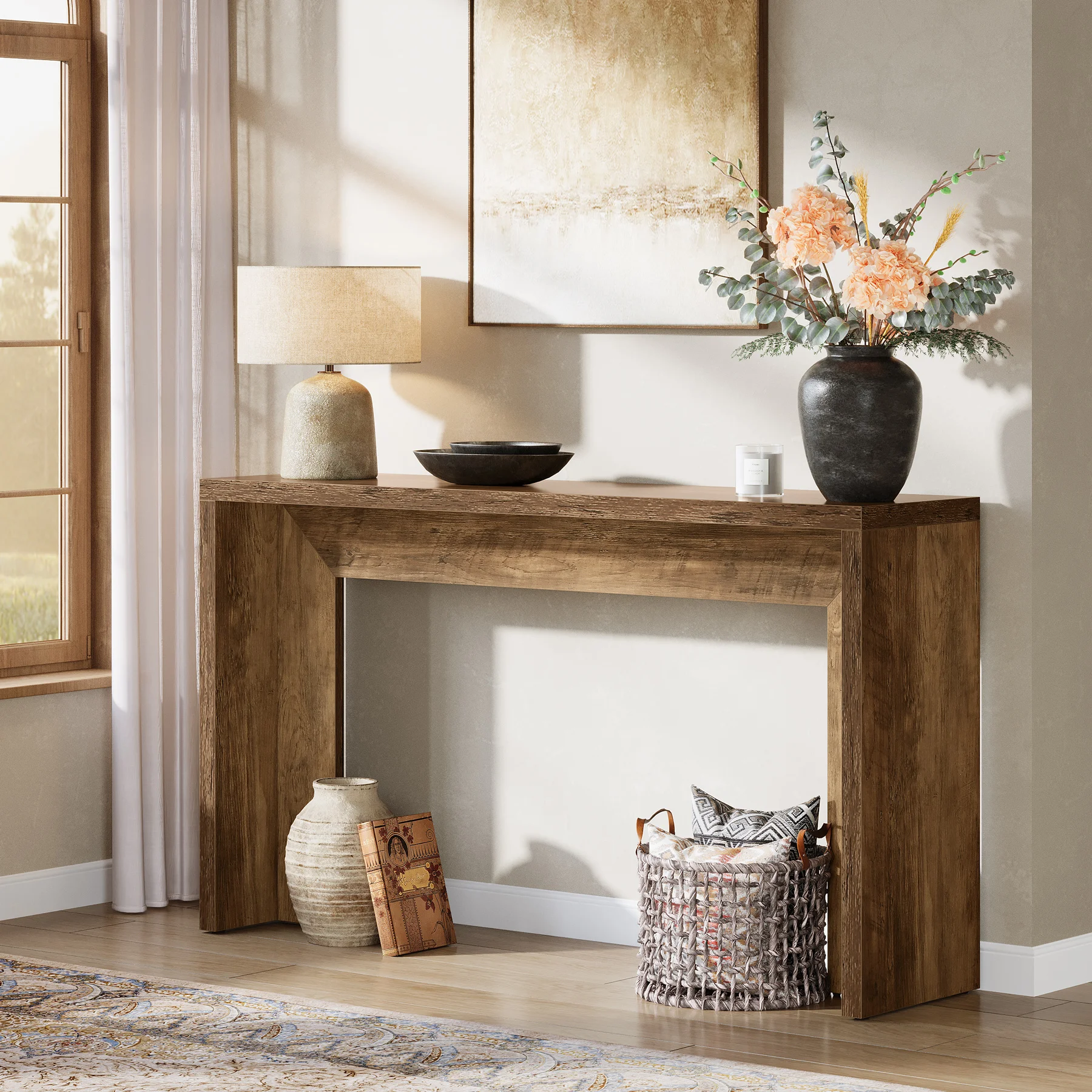 Tribesigns, tavolino consolle in stile rustico da 140 cm con vano contenitore, tavolino in legno color marrone rustico per ingresso, foyer, corridoio, soggiorno, facile da montare (colore marrone