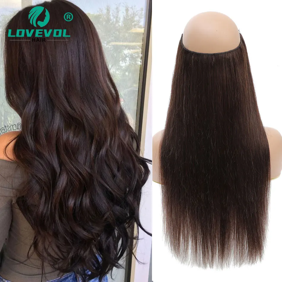 Lovevol Straight Fish Line Hair Extensions Human Hair One Piece With 4 Clips, Invisible Wire Hair Extensions 100% Real Remy Hair