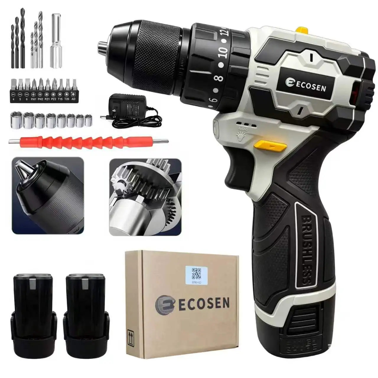 Furadeira Parafusadeira Sem Fio Brushless 2 Velocidades 16.8V com 2 Baterias, Kit Completo de Acessórios e Carregador Bivolt