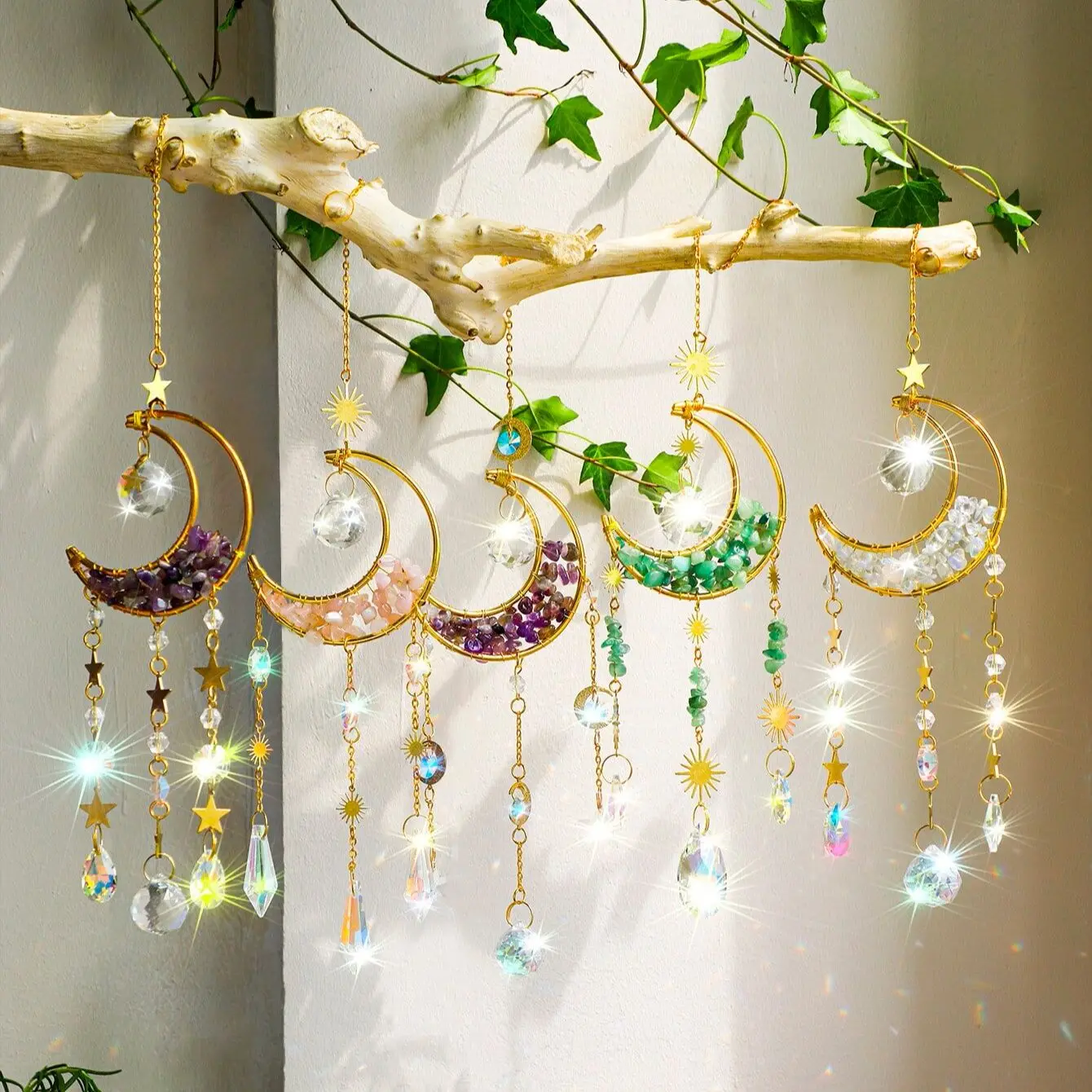 Crystal Suncatcher Moon Amethyst Rainbow Maker Hanging Decor Sun Catcher Light Catcher Xmas Outdoor Window Garden Decoration