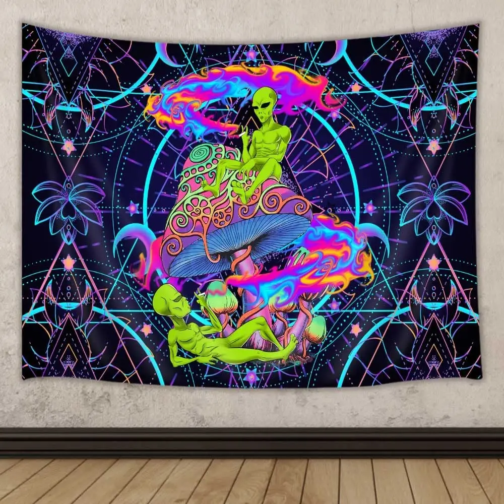 Trippy Weed Cool Alien Psychedelic Mushroom Aesthetic Stoner Hippie Boho Tie Dye Tapestry Wall Hanging For Bedroom Living Room