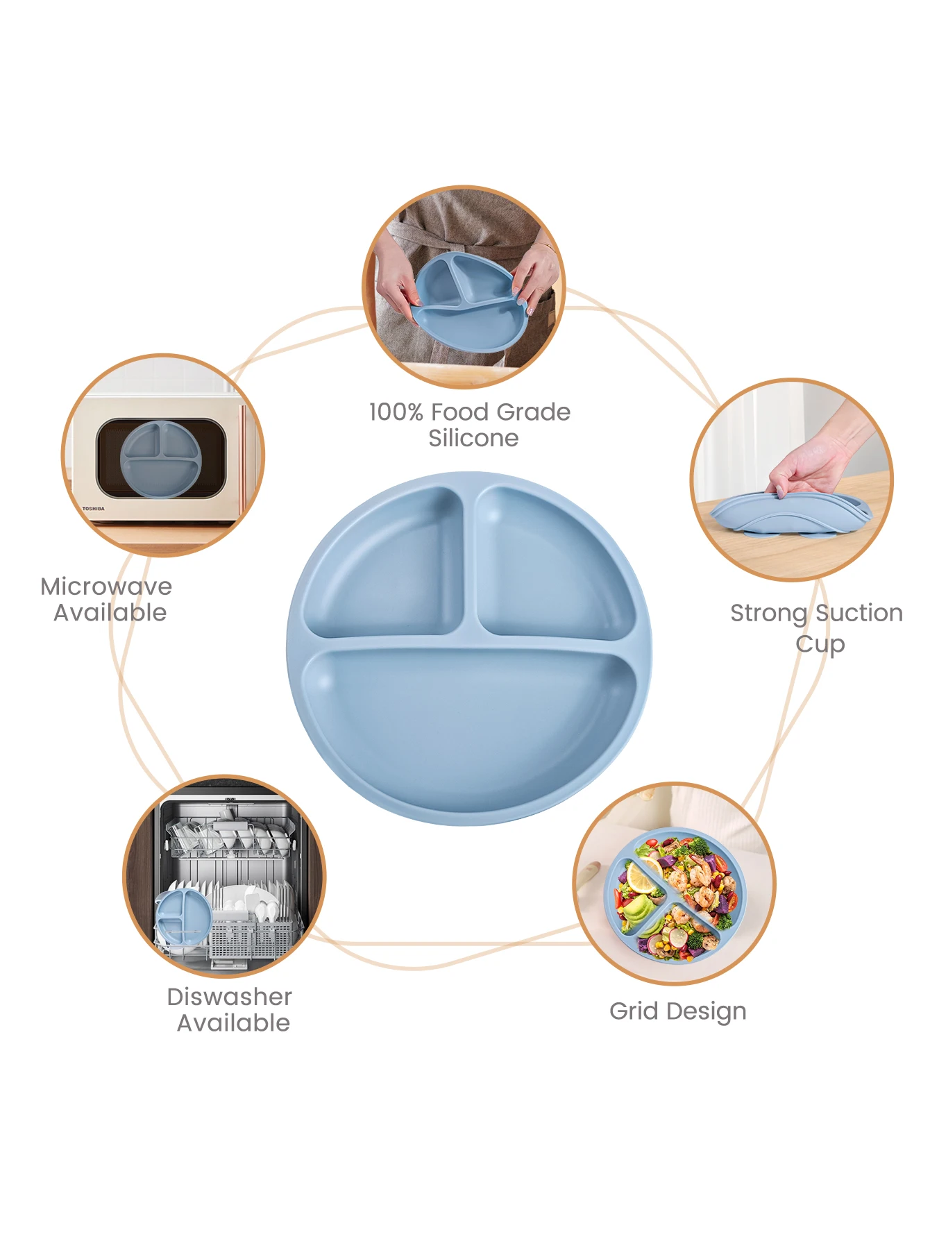TYRY.HU 100% silicone baby feed compartmentalized meal tray, with small suction cup that can be firmly attached to the table