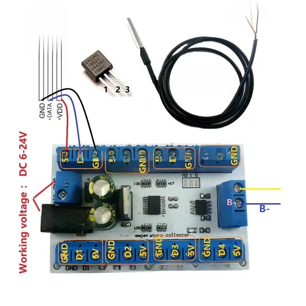 8 kanałów DS18B20 RS485 Modbus Rtu czujnik temperatury zdalny monitor akwizycji cyfrowy moduł termometru rejestrator bez papieru — zdjęcie 2