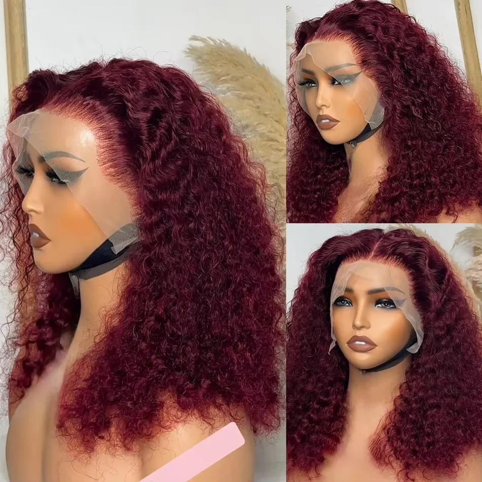 250% Density 99j Burgundy Colored Human Hair Wigs Deep Wave 13x4 Lace Frontal Wig Burgundy Curly Bob Wigs 100% Human Hair Deep Curly Short Hair Wigs