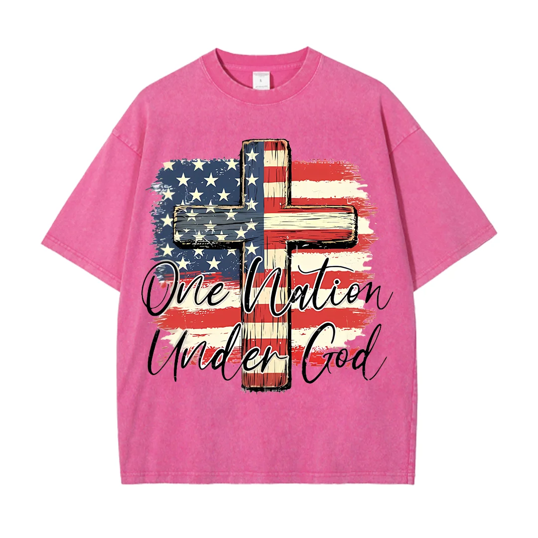 

Футболки с рисунком One Nation Under God, христианская потертая футболка на День независимости Америки, летние женские удобные топы с круглым вырезом
