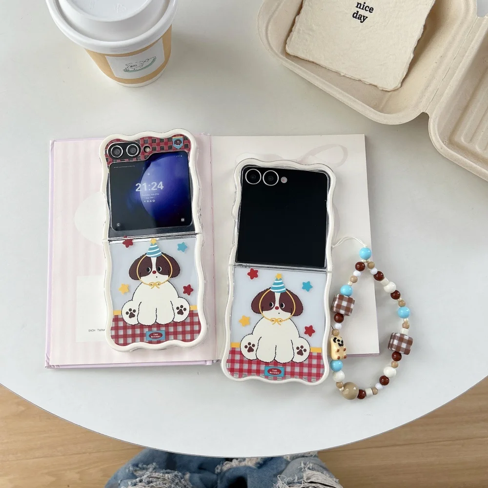

Cute plaid party puppy corrugated phone case for Samsung Z Flip3 4/5/6/7, with hanging chain, new shockproof protective case