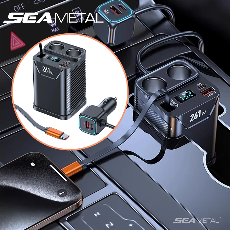 

SEAMETAL Cigarette Lighter Adapter 261W High Power Fast Charging Phone Charger with Telescopic Cable PD 45W/QC 3.0 Quick Charger