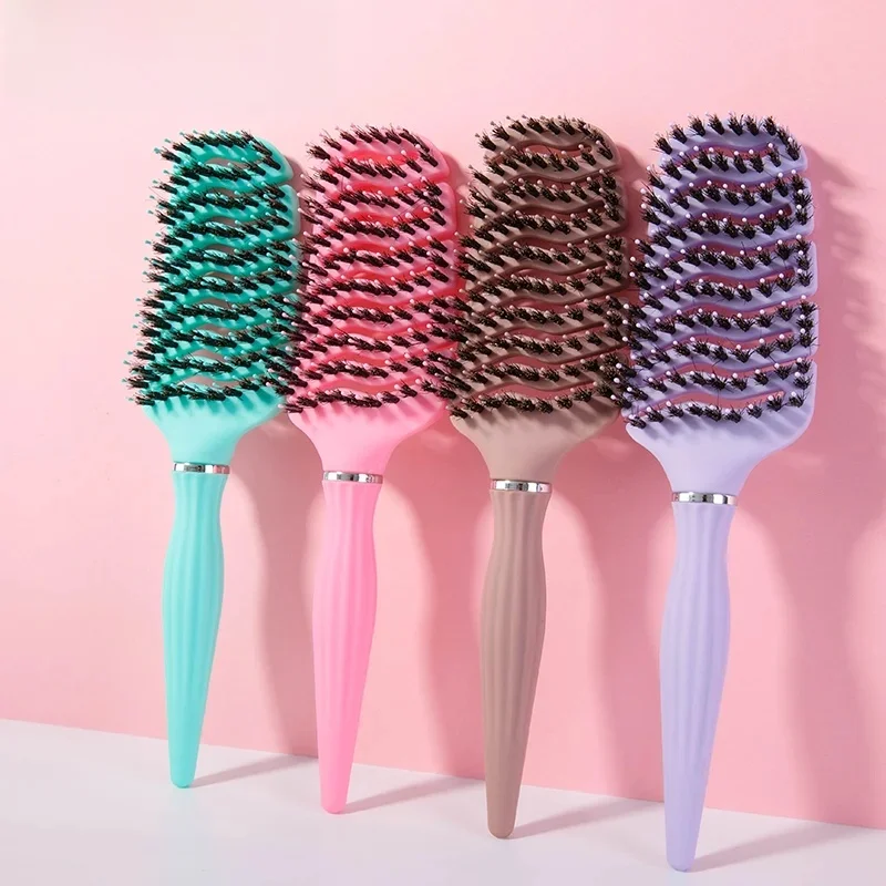 Peigne professionnel en poils de sanglier ventilés et incurvés, peigne de Massage du cuir chevelu, boucles démêlantes, brosse à cheveux antistatique, outil de coiffure pour Salon, 1 pièce