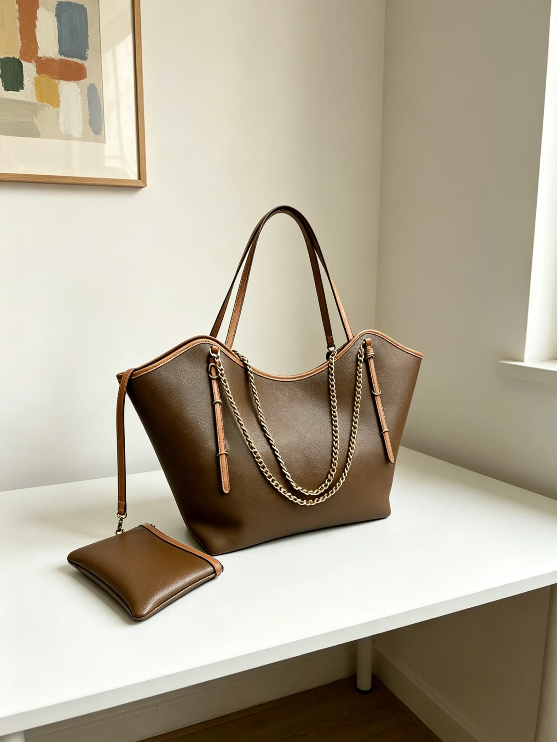 

Women Handbag Chain Accent Tote Versatile Shoulder Bag with Detachable Zipper Pouch Size:32*31cm