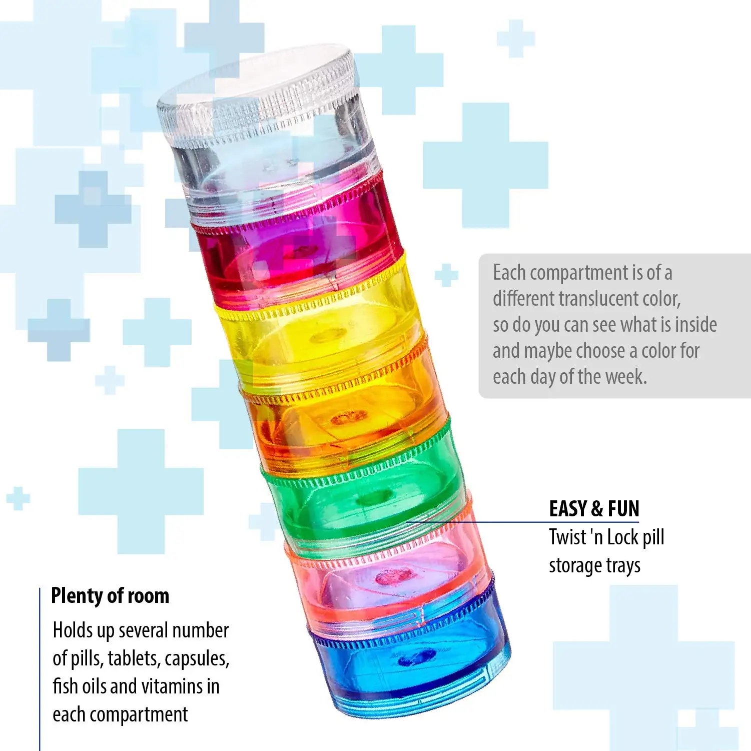 2-pack Rainbow Pill Organizer Case 7-daagse stapelbare torendoos Geneeskundeplanner Kleine koffer voor medicijnen, vitaminen en supplement