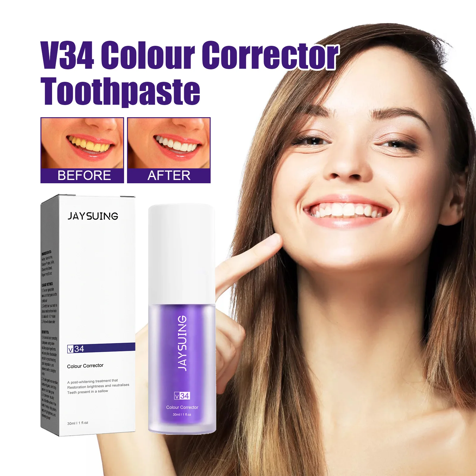 Jaysuing V34 Toothpaste Colour Corrector Teeth Whitening Purple Fresh Breath Brightening Teeth Stain Removal Gum Care Cleaner