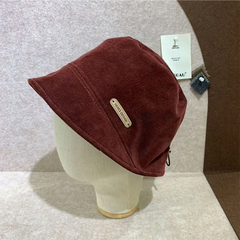 1 Piece of Corduroy Letter Leather Label Adjustable Fisherman Hat Winter Windproof Bucket Hat for Women