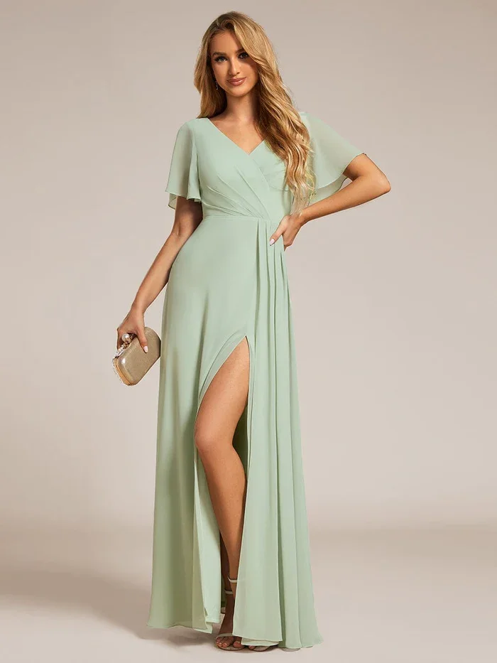 Ever Pretty Elegant High Slit V-Neck Lotus Leaf Ruffles Sleeve Asymmetrical Ruched Empire Waist Chiffon Evening Dresses