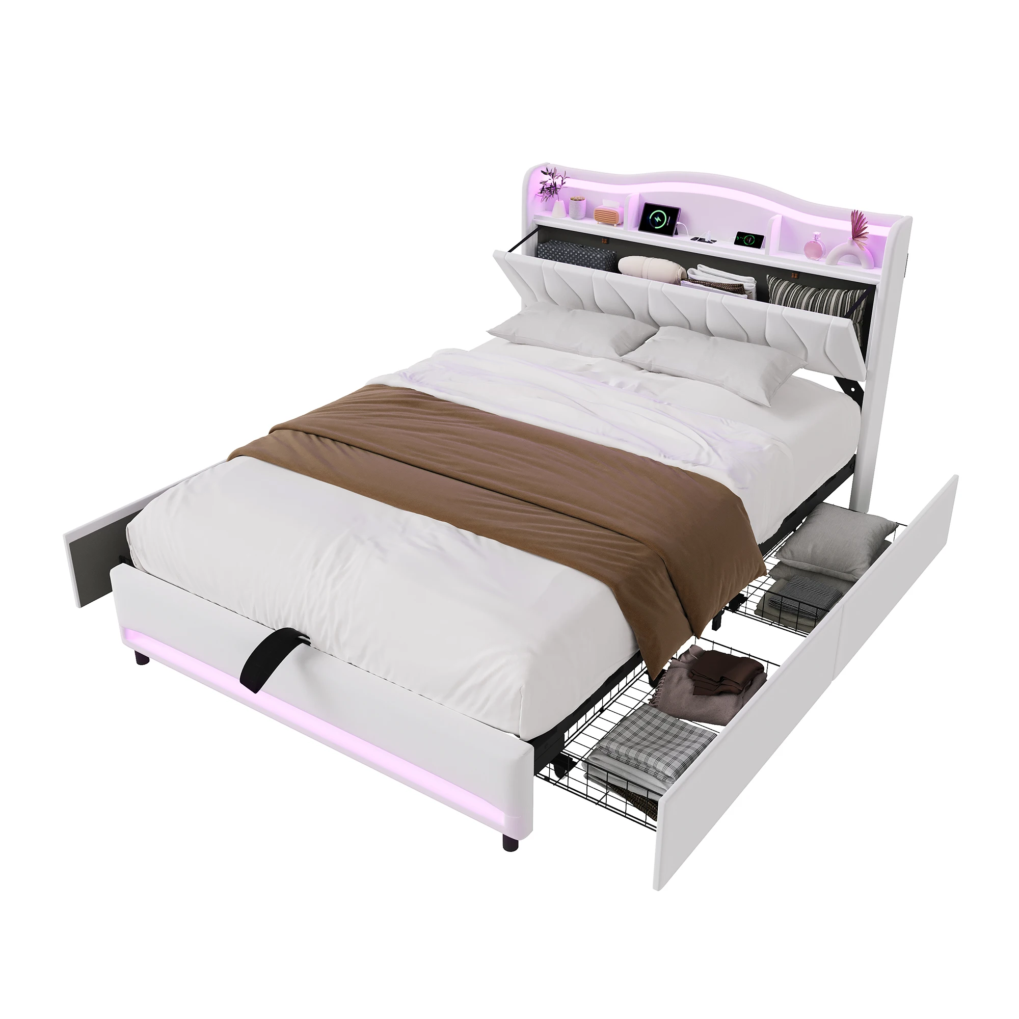 Polsterbett 140x200 cm mit Stauraum, Doppelbett mit Stauraum Kopfteil, Bett mit 4 Schubladen, Stauraumbett, Jugendbett Bettgestell mit Lattenrost, Samt, Beige, Ohne Matratze