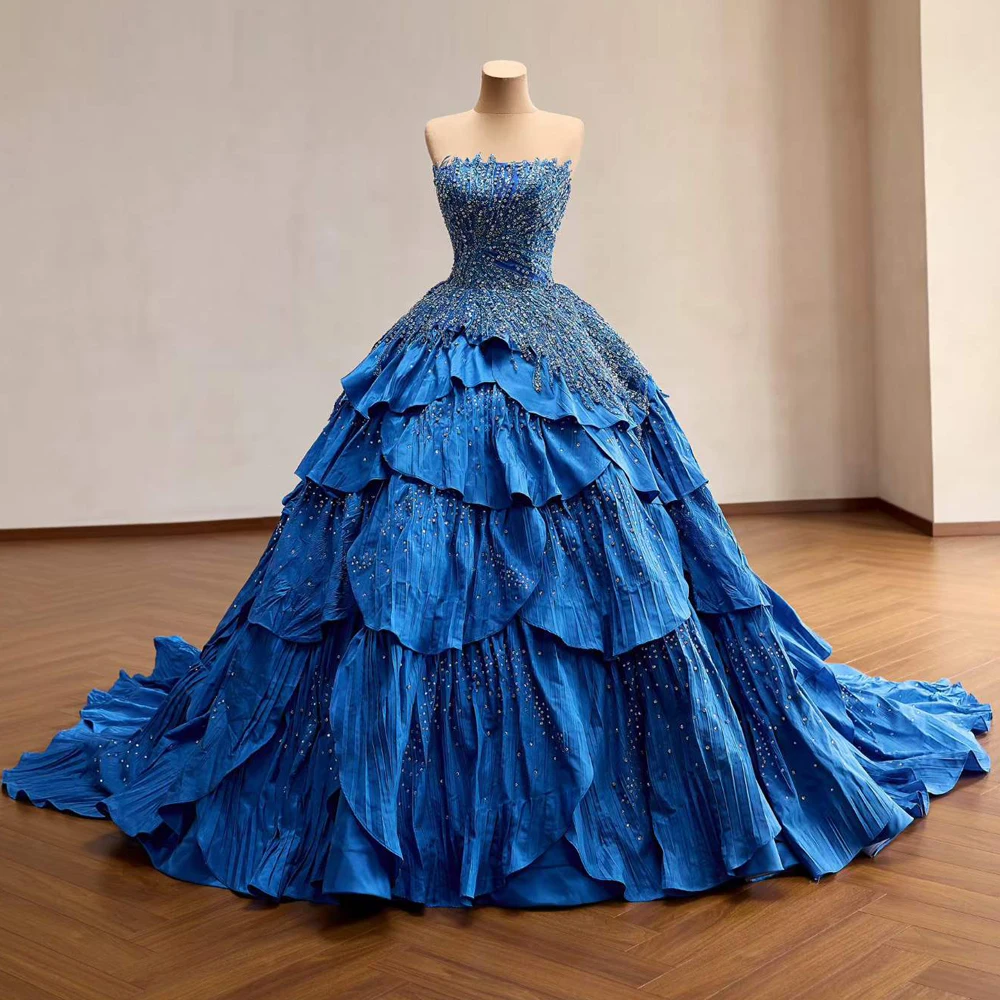 

Royal Blue Evening Reception Dresses For Weddings Beading Lace Ball Gown Strapless Tiered Robe De Soirée Luxe 2026