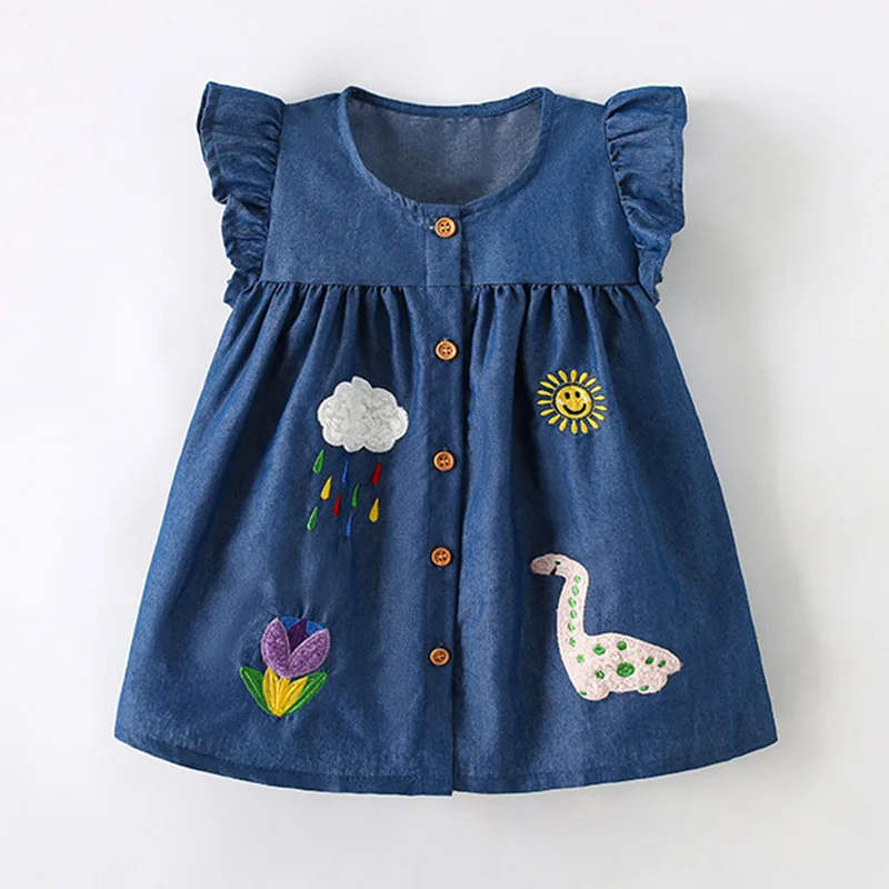 

Brand New 2024 Quality 100% Woven Cotton Jeans Dresses for Girls Casual Kids Children Clothing Summer Cartoon Baby Girls Clothes