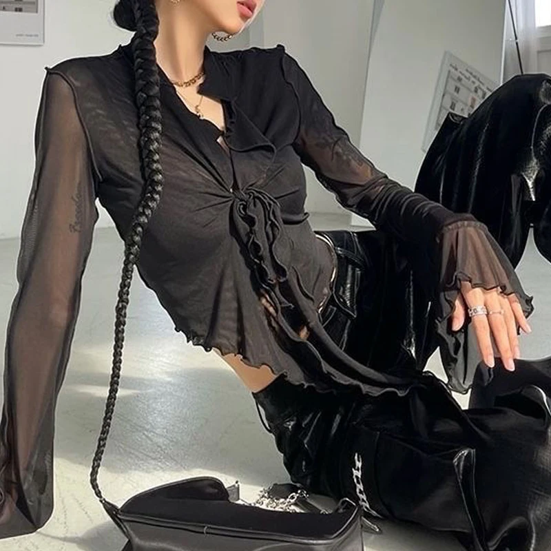 Korean Fashion Style Long Flare Sleeve Blouses for Women Lace-up Mesh Sexy Sweet Hot Girls All-match Solid Design Elegant Casual