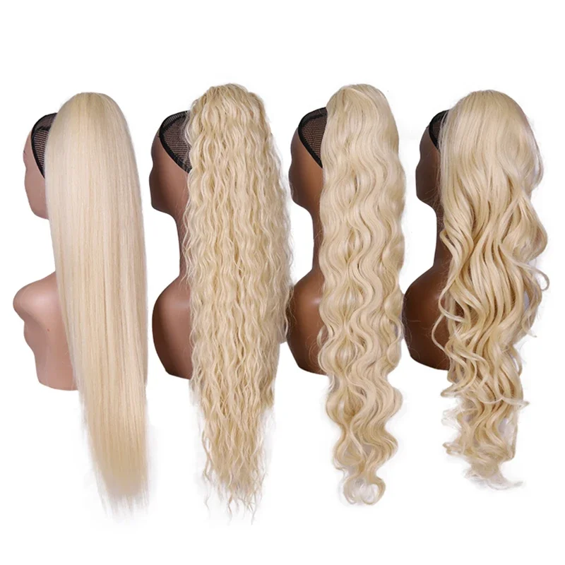 Blonde synthetische paardenstaart, lang golvend gevlochten paardenstaart haarstukje op clip, ombre zwartbruine haarextensies, paardenstaart voor dames - afbeelding 2
