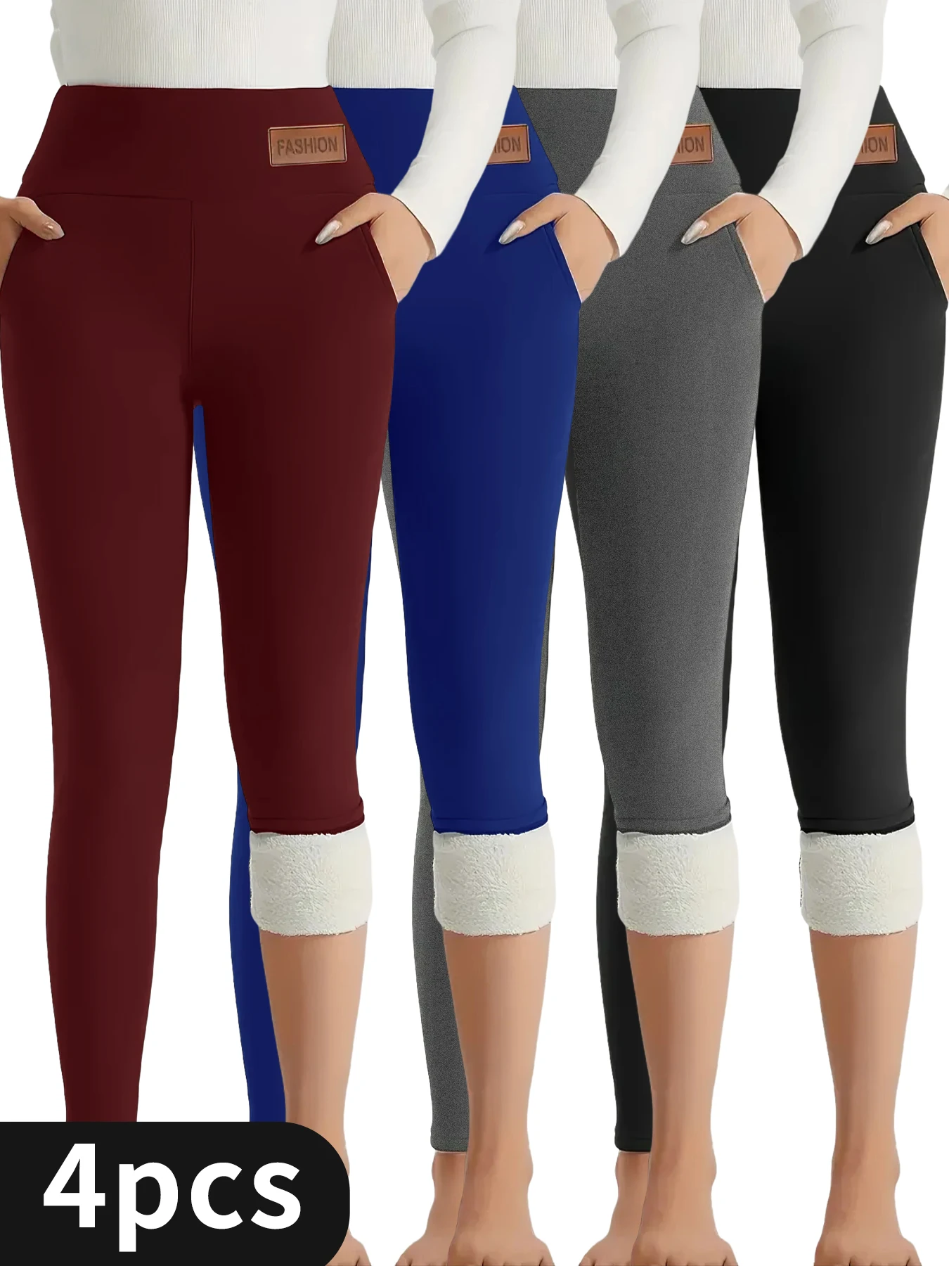 

4-Pack Women's Solid Color Casual Skinny Leggings,High Waist Yoga Pants With Pockets,High Stretchy Athletic Running Compression