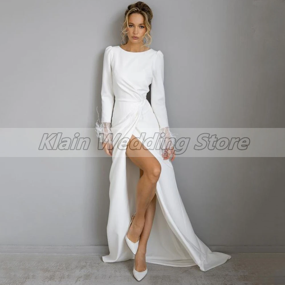 

Customized Weilinsha Sheath Wedding Dress For Woman Long Sleeves With Feather Simple O Neck Jersey Bridal Gown Side Split Custo