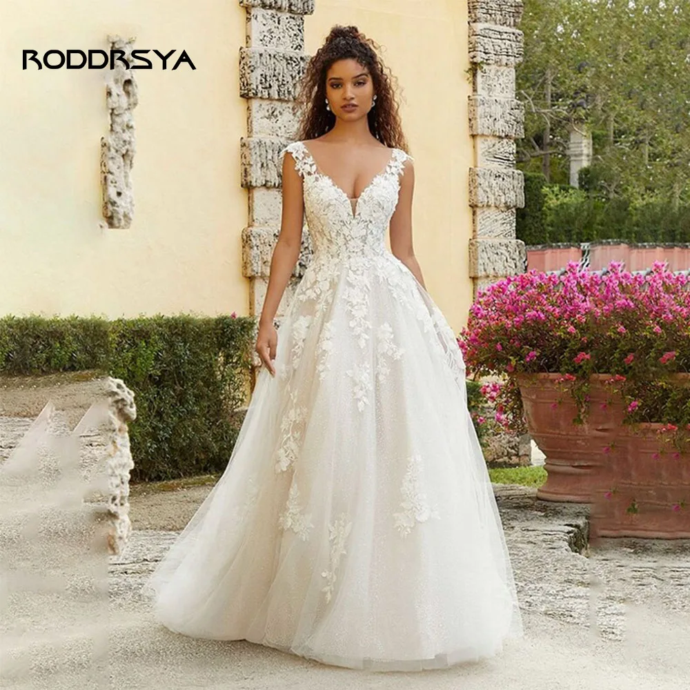 

RODDRSYA V-neck Boho Wedding Dresses Floor-length Tulle Vestido De Noiva Appliques A-line Backless Bridal Gowns For Women 2023