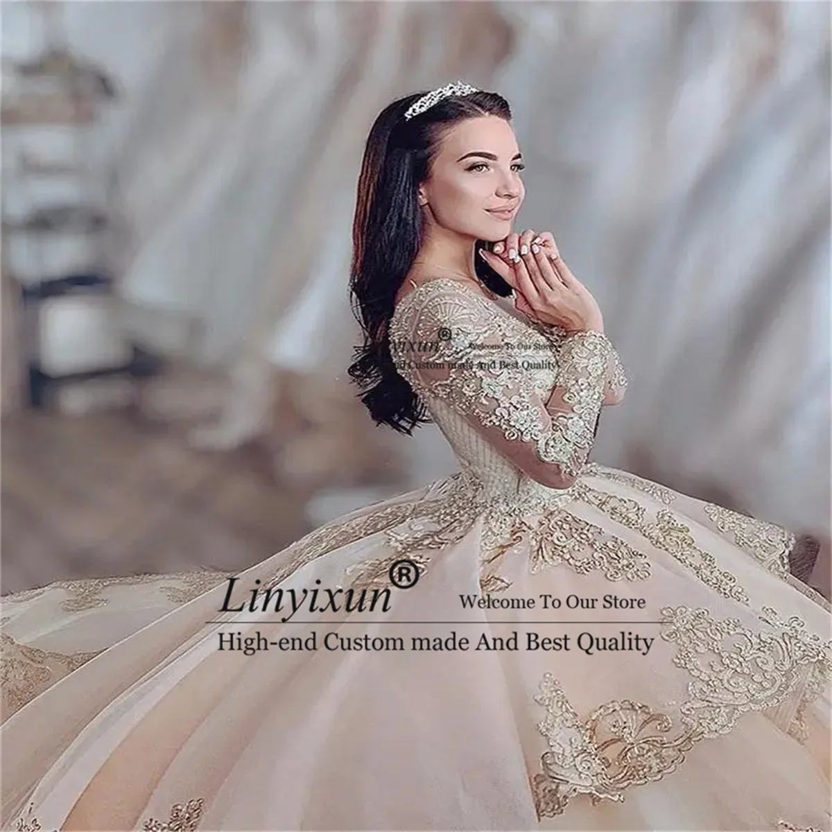 Luxury Champagne Quinceanera Dresses With Lace Appliqued Crystal Ball Gown Sweet 16 Dress Customized Vestido De VX 15 Anos