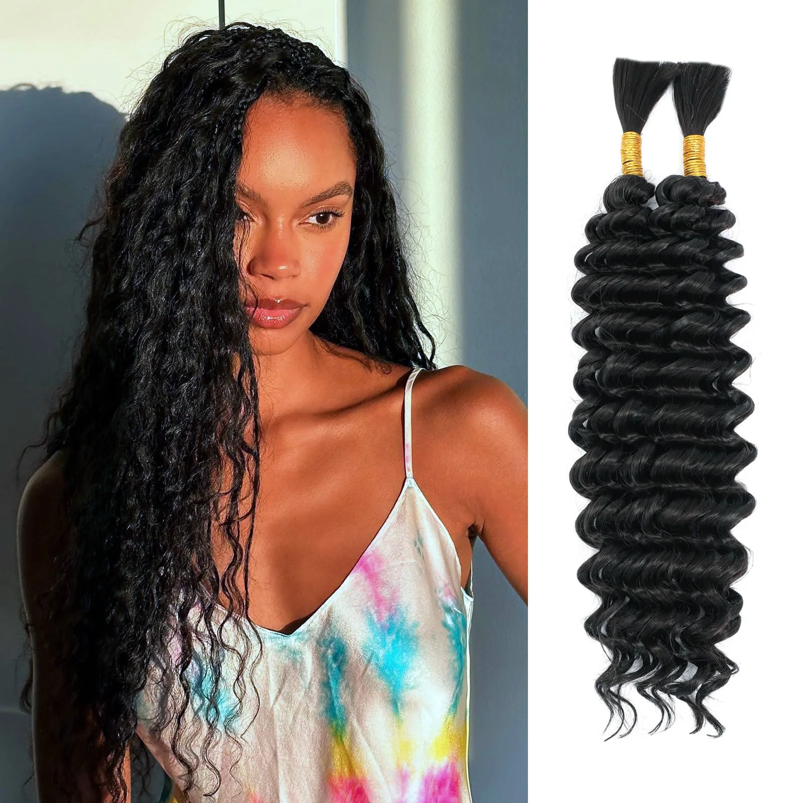 

Natural Color Extensions Deep Wave Bulk Human Hair For Micro Braiding Human Hair 1/2/3 Bohemian Boho Knotless Braids For Women