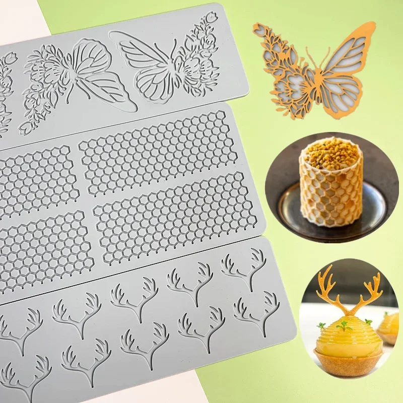 Hollow Out Butterfly Honeycomb Sugar Flipping Lace Pad DIY Deer Antler Chocolate Thin Crisp Cake Decoration Baking Silicone Mold — zdjęcie 2