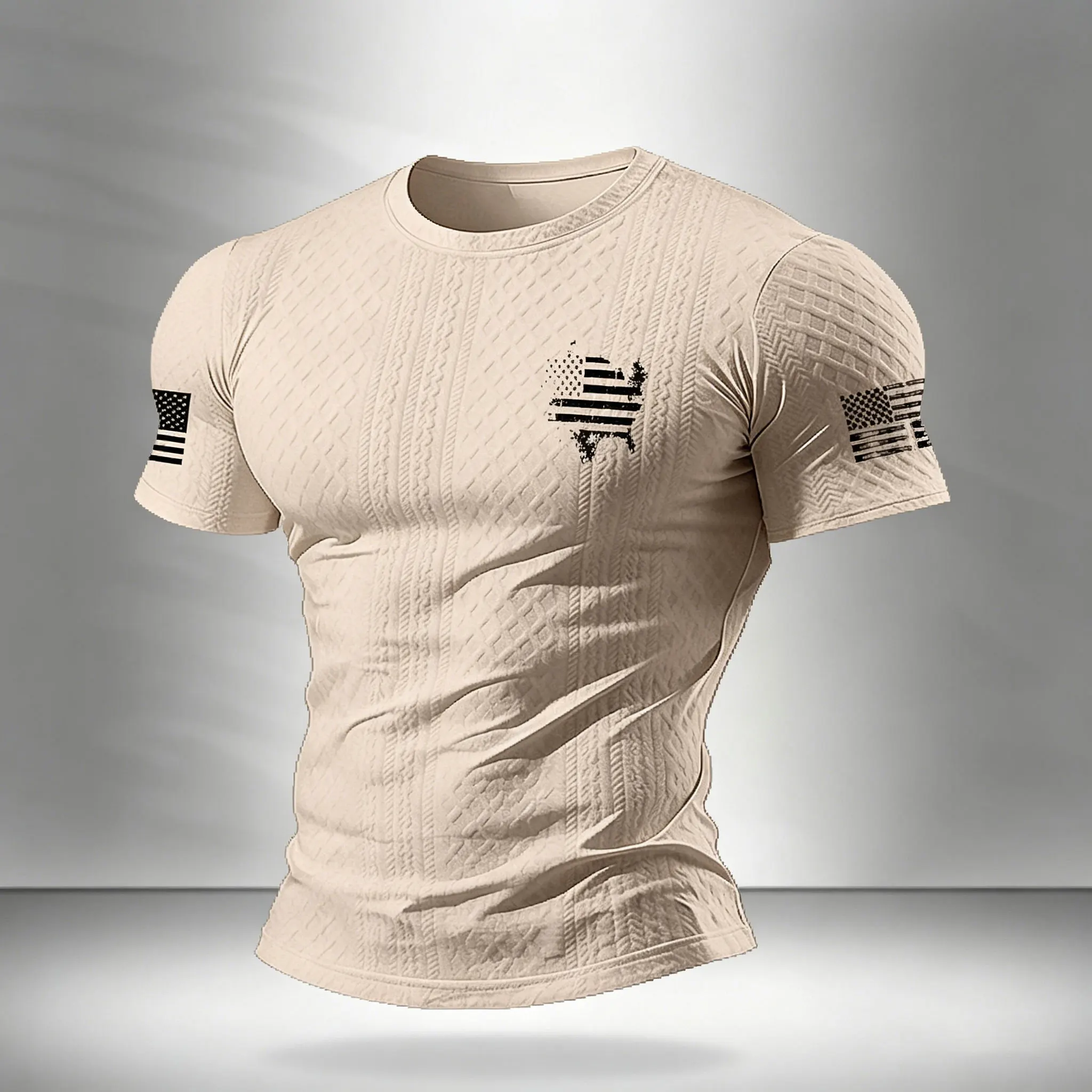 Herren Kompressions-T-Shirt mit Strukturierter Amerikanischer Flaggenkarte, Schnelltrocknend Kurzarm Taktisches Fitness-Sport-Unterhemd