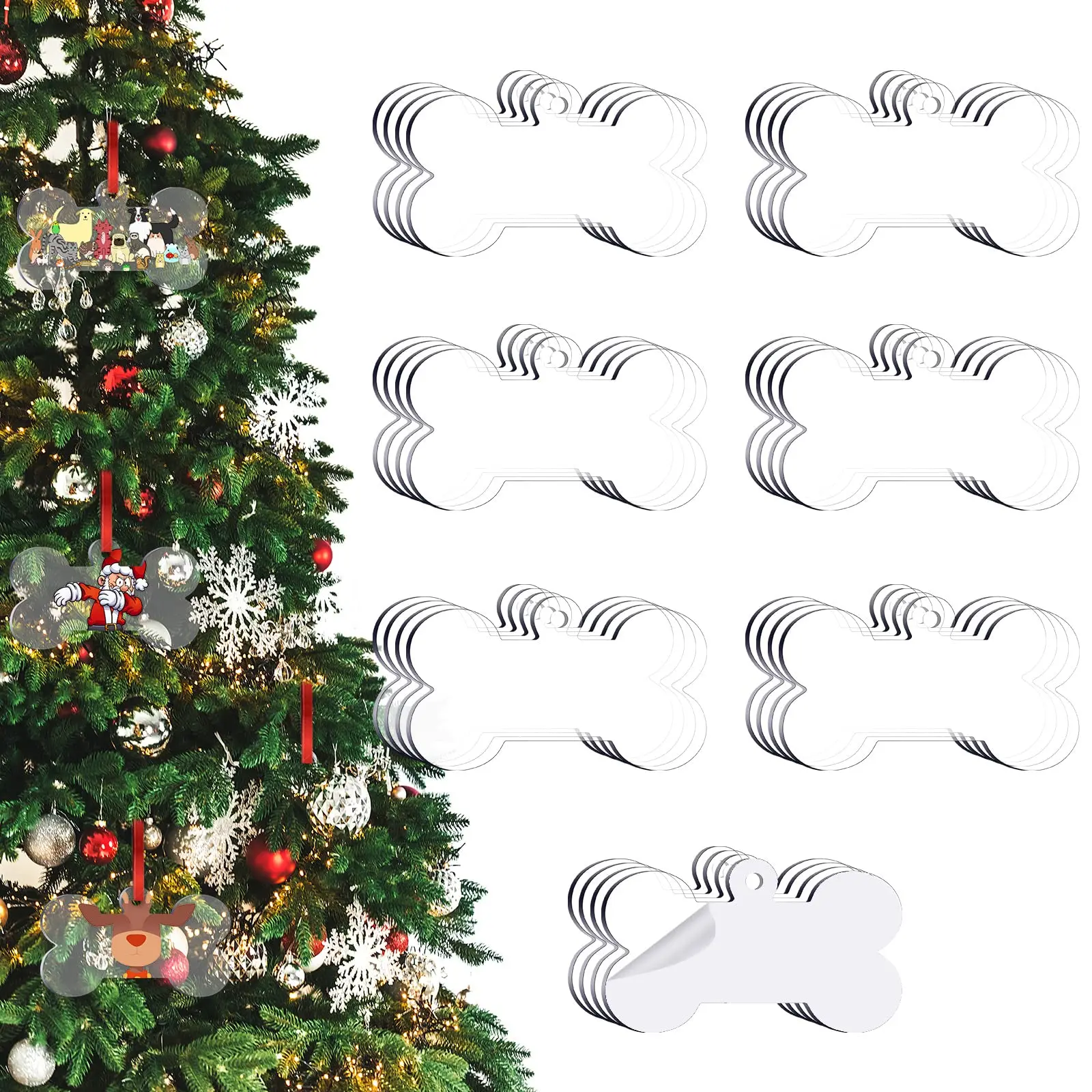 50PCS Clear Acrylic Dog Bone Christmas Ornament Blank Bone Christma Tree Acrylic Ornament with Hole for DIY Craft, Holiday