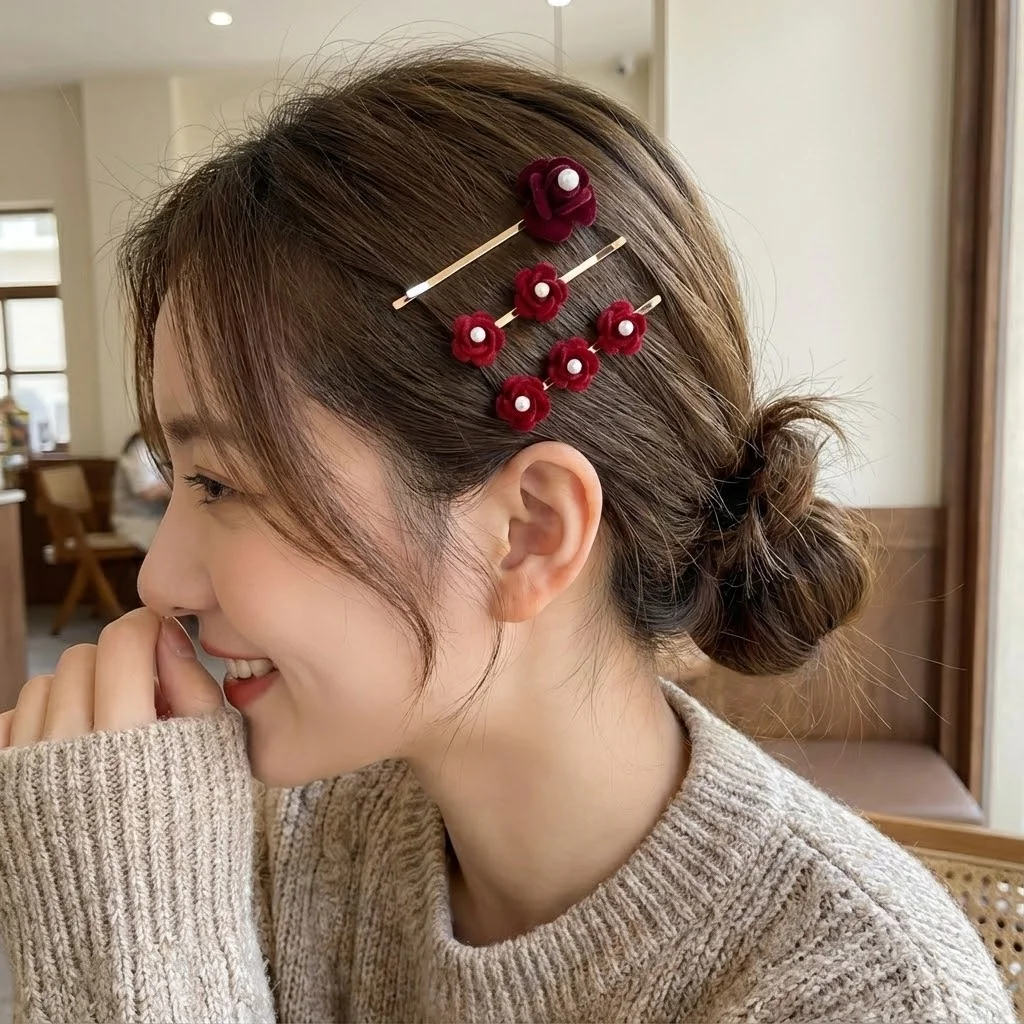 Vintage Samt Rote Rose Haarspangen Perle Blume Bobby Pins Elegante Goldfarbe Haarklammern Hochzeit Haarschmuck für Frauen