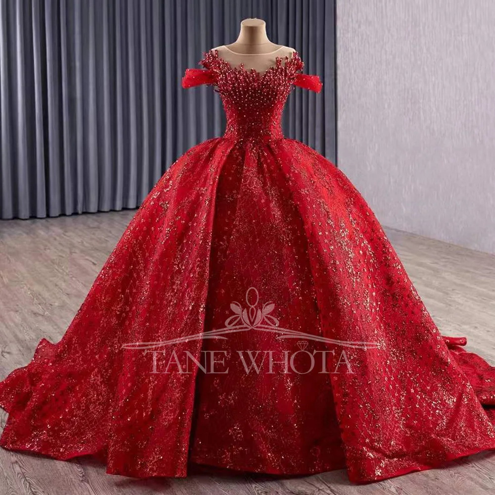 

Платье принцессы 15 лет Quinceanera 2025 Красное бальное платье с круглым вырезом и бисером с кристаллами и жемчугом XV Платья Quinceanera