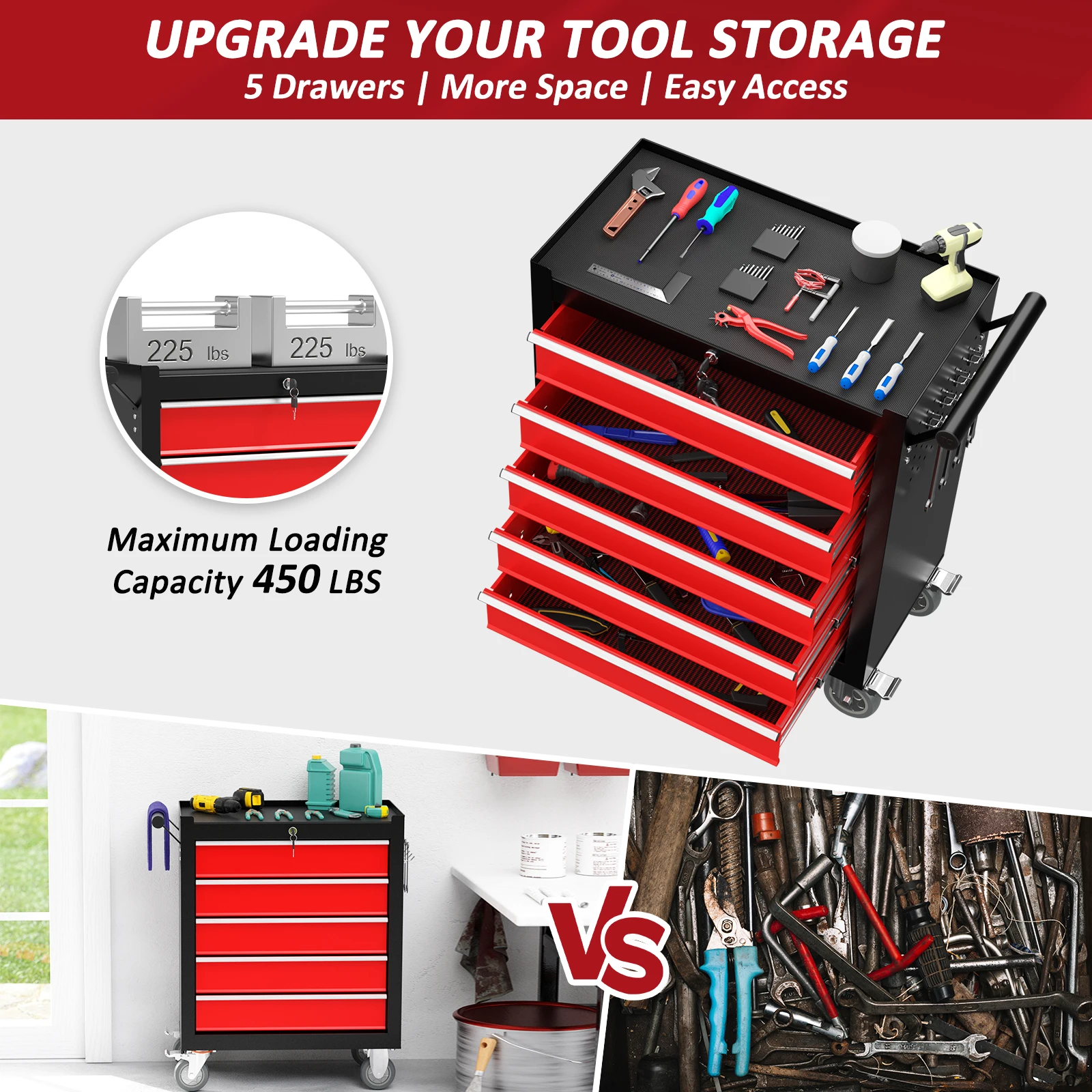 Cassettiera portautensili Kieperi a 5 cassetti con ruote, cassette portautensili portatili con ruote