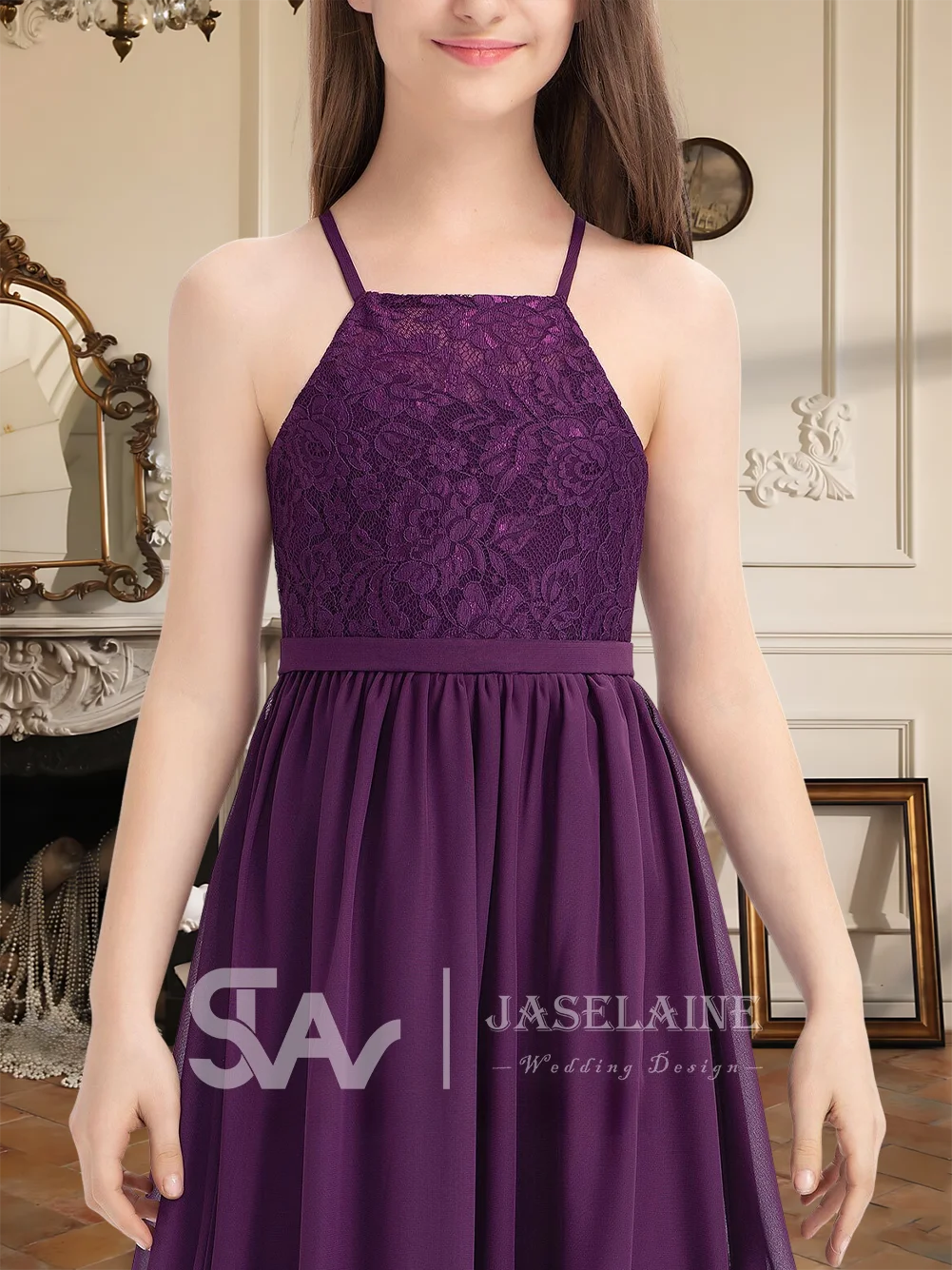 A Elegant A Line Square Floor Length Chiffon Lace Junior Bridesmaid Dress Grape With Bow Flower Girl Dress Girls Wedding Party