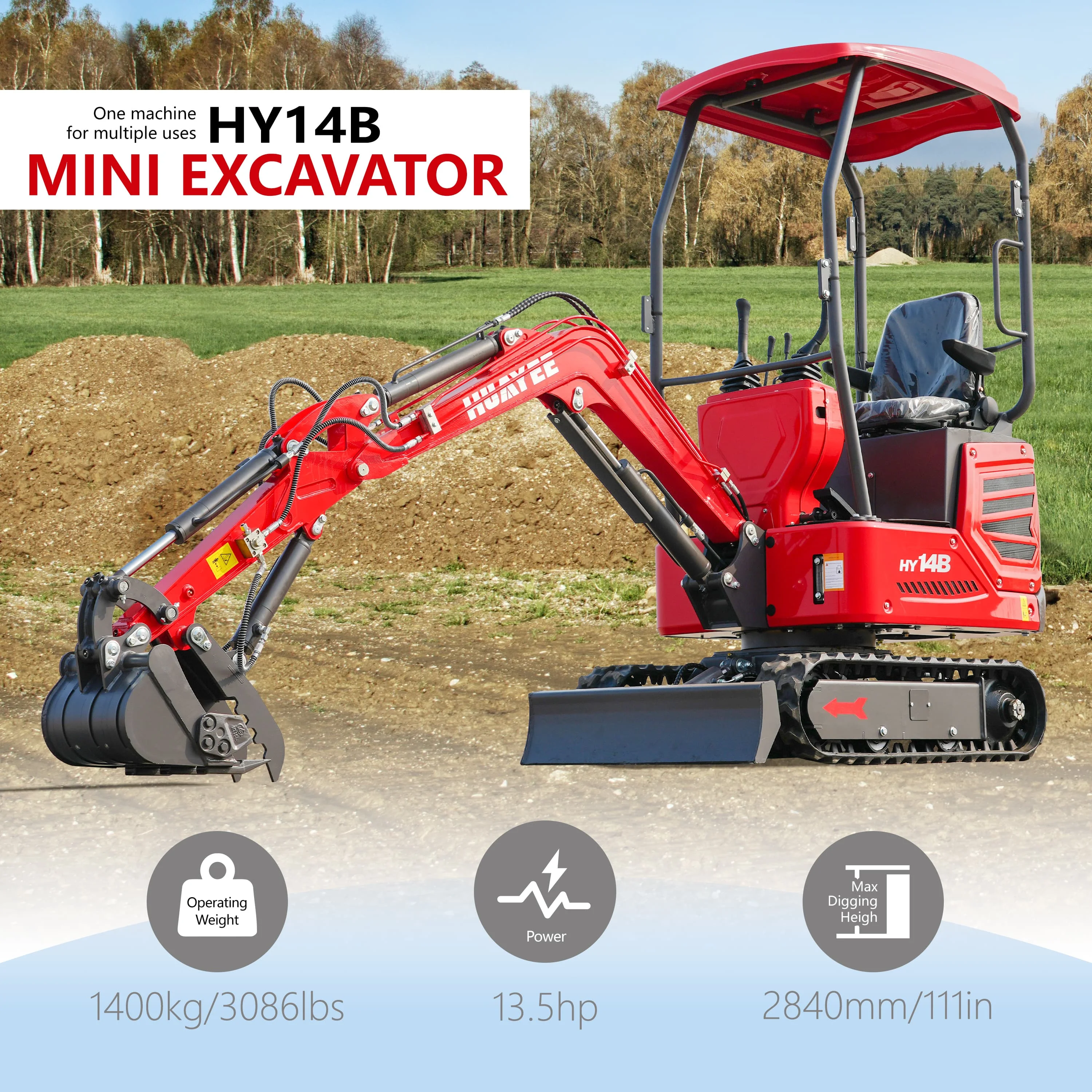 HUAYEE HY14B mini excavator is equipped with dual joysticks and hydraulic thumb clamps, suitable for gardens, parks, farms.