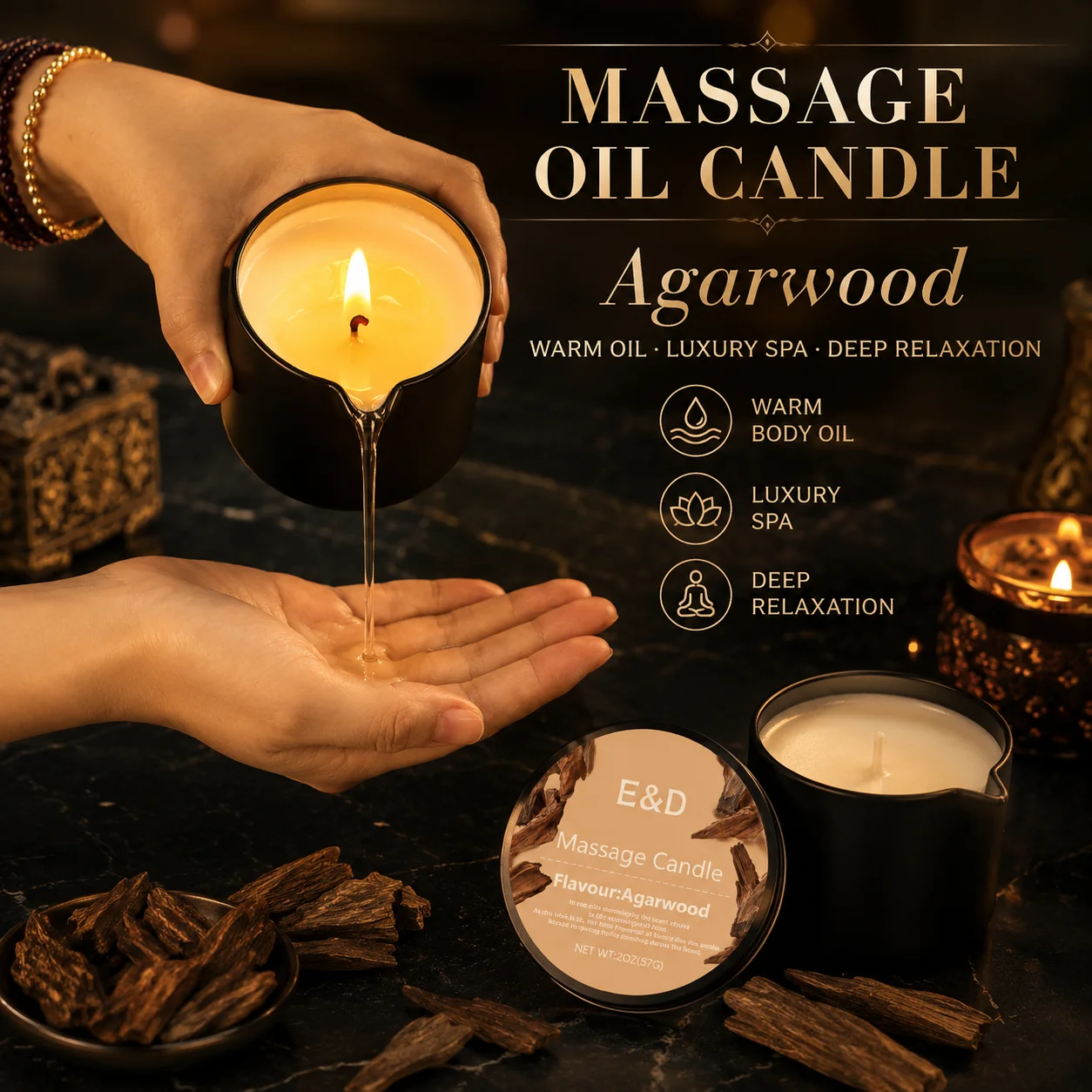 Massage Candle Melting - เทียนน้ำมันนวดไม้กฤษณา 2 ออนซ์, เทียนนวดตัวละลายเป็นน้ำมันบำรุงผิวอุ่นๆ, น้ำมันหอมระเหยบำรุงผิว ของขวัญสปาสำหรับเธอ