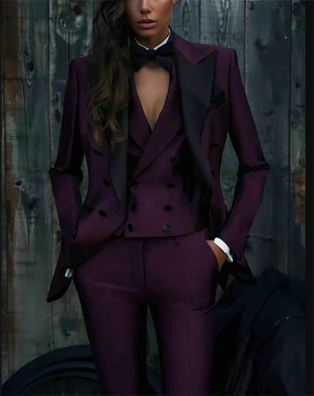 Purple 3 Pieces Womens Tuxedo Pant Suit Custom Tailored Office & Event Wear Office Lady Blazer Set (Jacket+Vest+Pants)