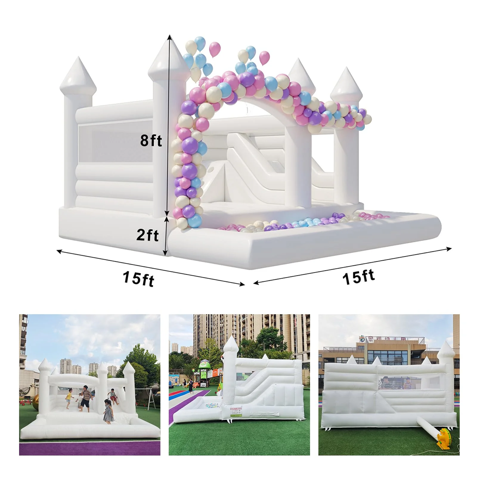 Nowy dmuchany domek do skakania o długości 15 stóp z balonem Wytrzymały biały zamek do skakania z PVC z zjeżdżalnią, domek do skakania z piłeczkami na imprezę